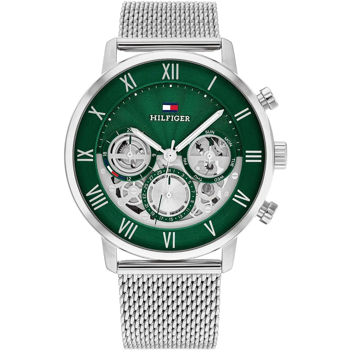 Tommy Hilfiger Legend Chronograph Green Dial Silver Mesh Bracelet Watch For Men - 1710567
